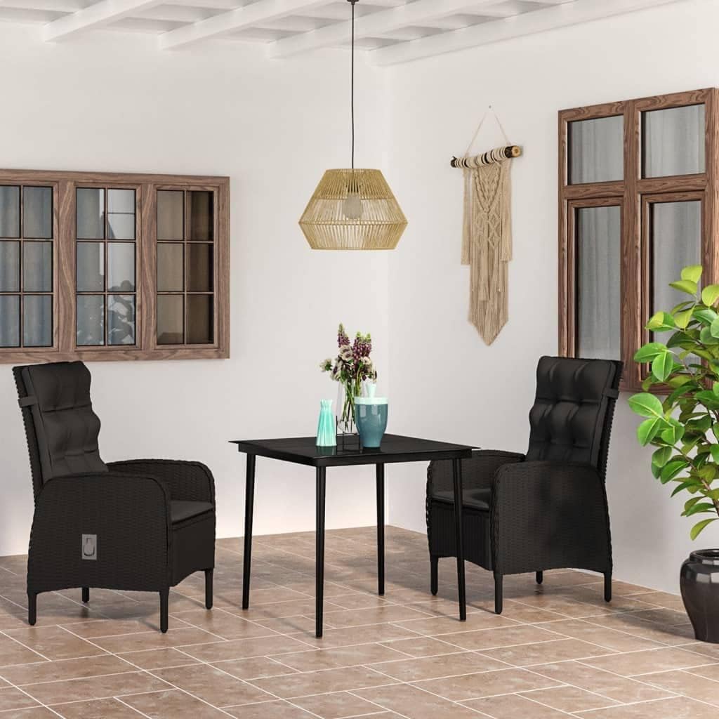Furniture Sets 3 Piece Patio Dining Set with Cushions Black,Modern Patio Dining Set: Rattan Chairs and Glass Table for Outdoor Relaxation Garden Conversation Sets