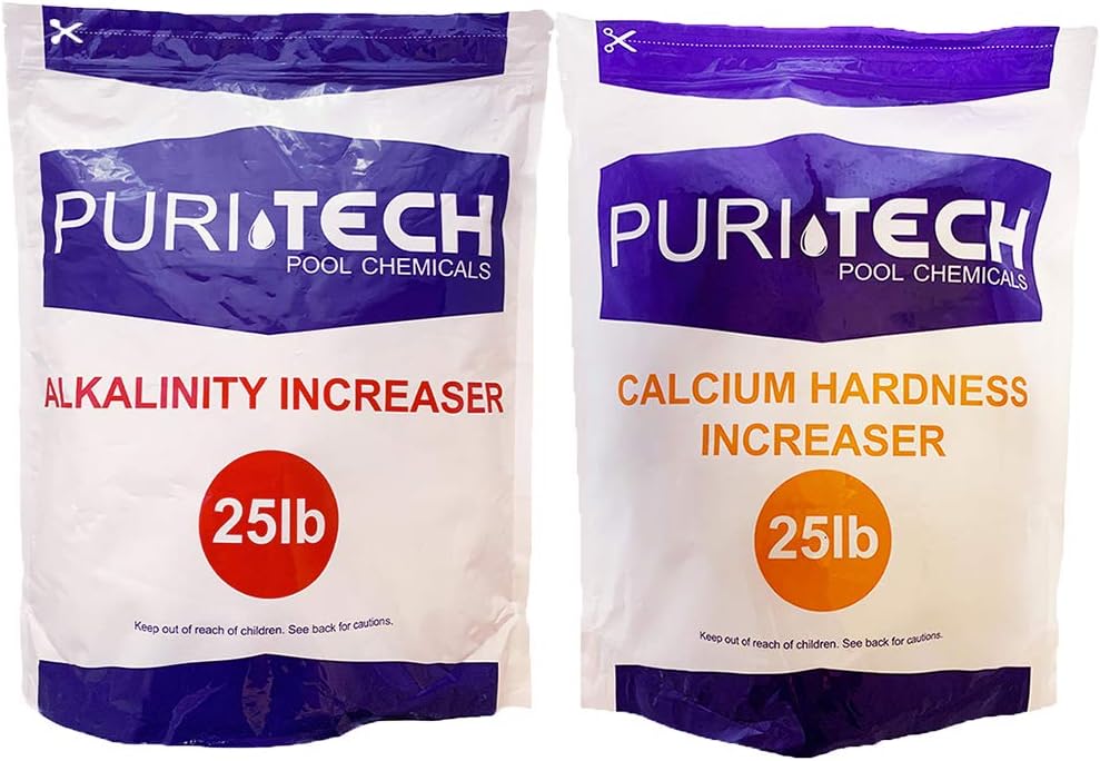Puri Tech Chemicals 25 lb Calcium Hardness Increaser & 25 lb Alkalinity Increaser Kit for Swimming Pools & Spas Balance Levels Keep Surfaces & Water Clean