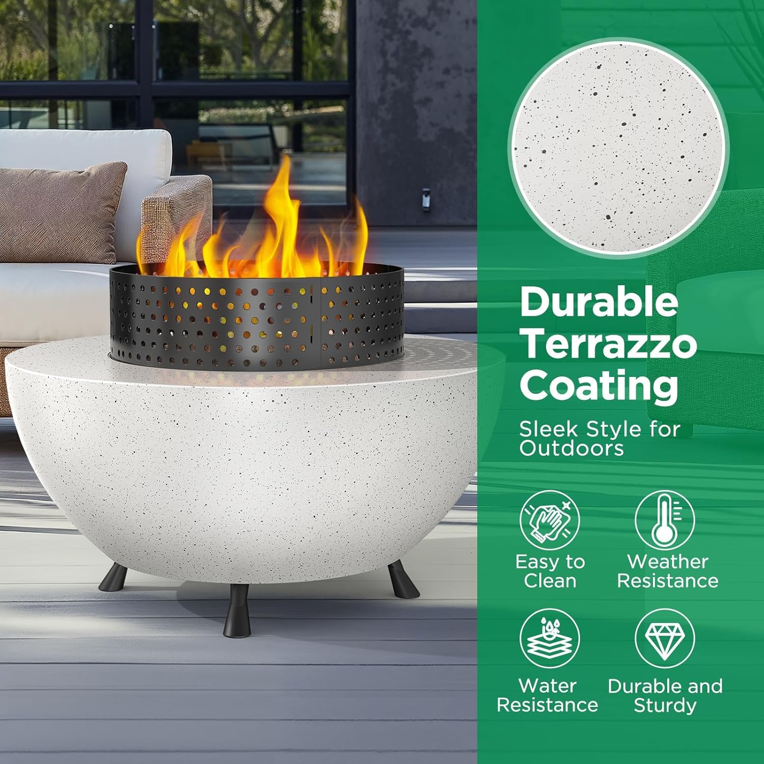 Ciays 29″ Propane Fire Pit Table with Windproof Guard, 50000 BTU Fire Pit Table, CSA-Certified, Outdoor fire Table with Durable Terrazzo Coating/Lava Rocks/4 Stable Adjustable Legs, Garden, White