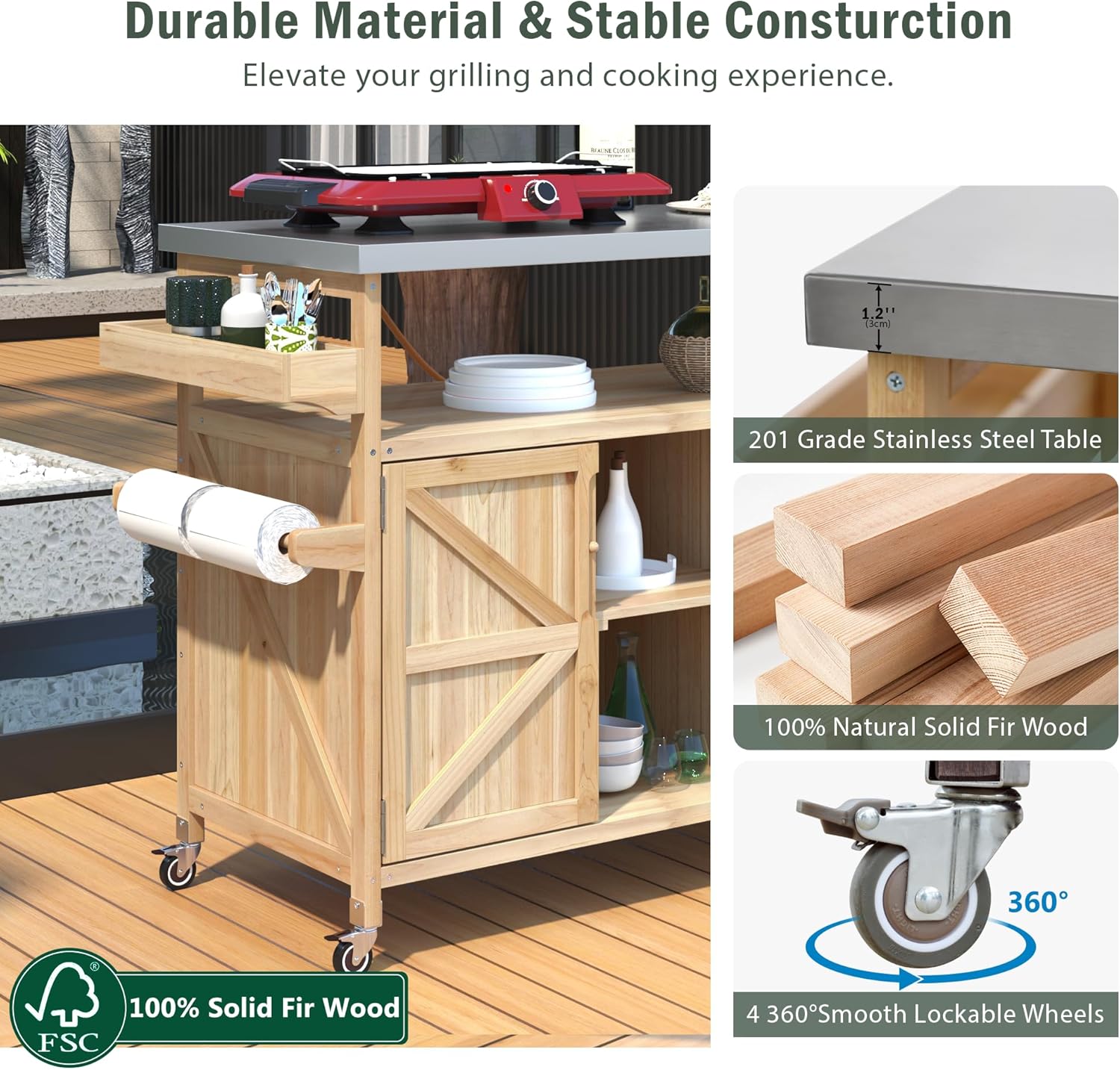 LZ LEISURE ZONE Large Outdoor Grill Table, Farmhouse Solid Wood Outdoor Kitchen Island Bar Table with Stainless Steel Top, Rolling Bar Cart with Storage Cabinet for Patio/Kitchen/Grill, Natural