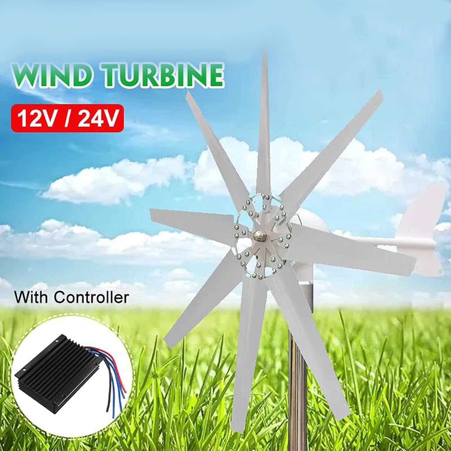 8000w 12V24V 48V Horizontal Wind Turbine Generator, with ControllerWind Power Generator for Home Street Lamps White