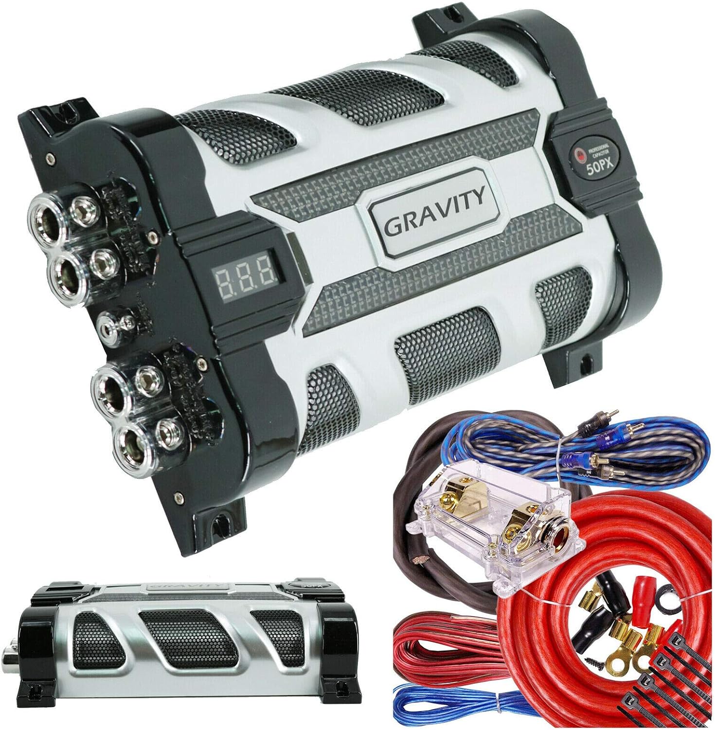 Gravity GR-50PX Car Audio Mobile Battery Stiffening Portable Power 50.0 Farad Capacitor and Completed 5000 Watts Amplifier Installation Wiring kit 0 Gauge BGC0XLR Red