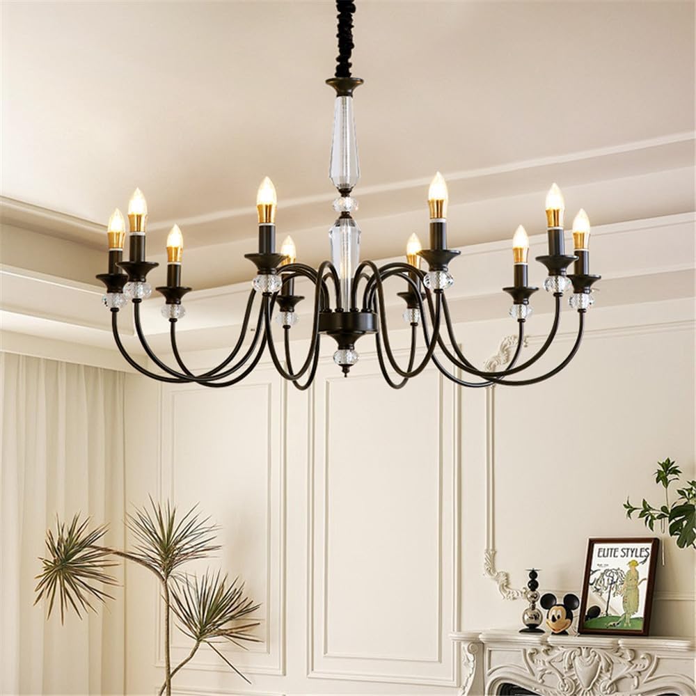 LED Brass Chandelier, 10-Light French Candle Pendant Lamp for Living Room, Restaurant, Bedroom, Study, Villa, Hotel, Bar, Cafe - Elegant Lighting Fixture (B Black 12 Lights)