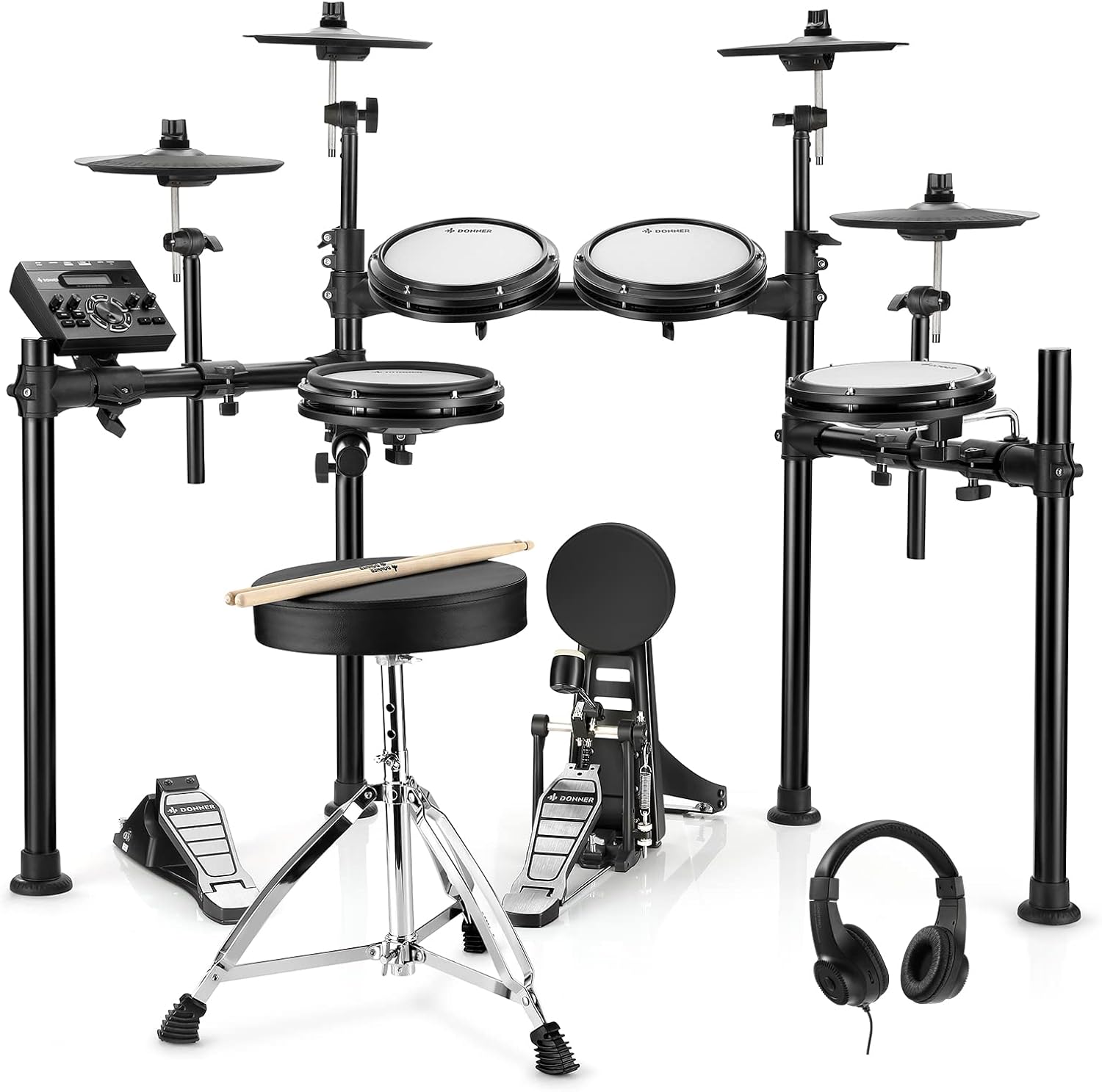 Donner DED-200X Electronic Drum Set, Electric Drum Kit with Quiet Mesh Drum Pads, 2 Cymbals w/Choke, 31 Kits and 450+ Sounds, Throne, Headphones, Sticks, USB MIDI, Melodics Lessons (5 Pads, 4 Cymbals)