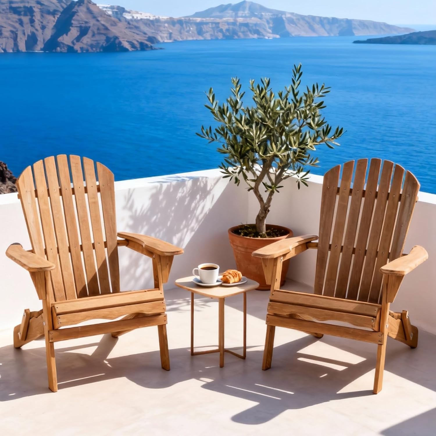 Folding Adirondack Chair Set of 2, Solid Wood All-Weather Fire Pit Chairs with Pre-Assembled Backrest & Seat Board for Deck Backyard Patio Outdoor, Light Brown