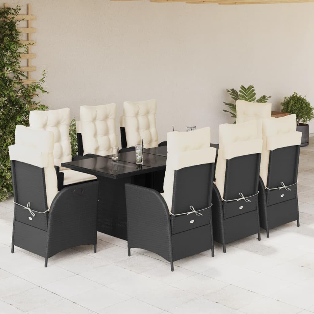 9 Piece Patio Dining Set with Cushions Black Poly Rattan,Elegant Rattan Garden Dining Set with Adjustable Backrests for Outdoor Relaxation and Dining Furniture Sets for Patio, Lawn & Garden