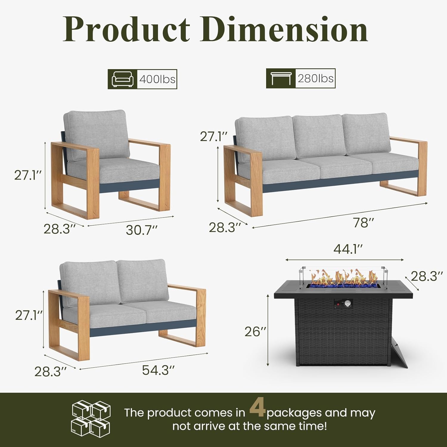 LayinSun 5 Pieces Aluminum Patio Furniture Set with Fire Pit Table, Oversized Seat with Hight Back, Outdoor Conversation Sets for Porch, Balcony, Deck