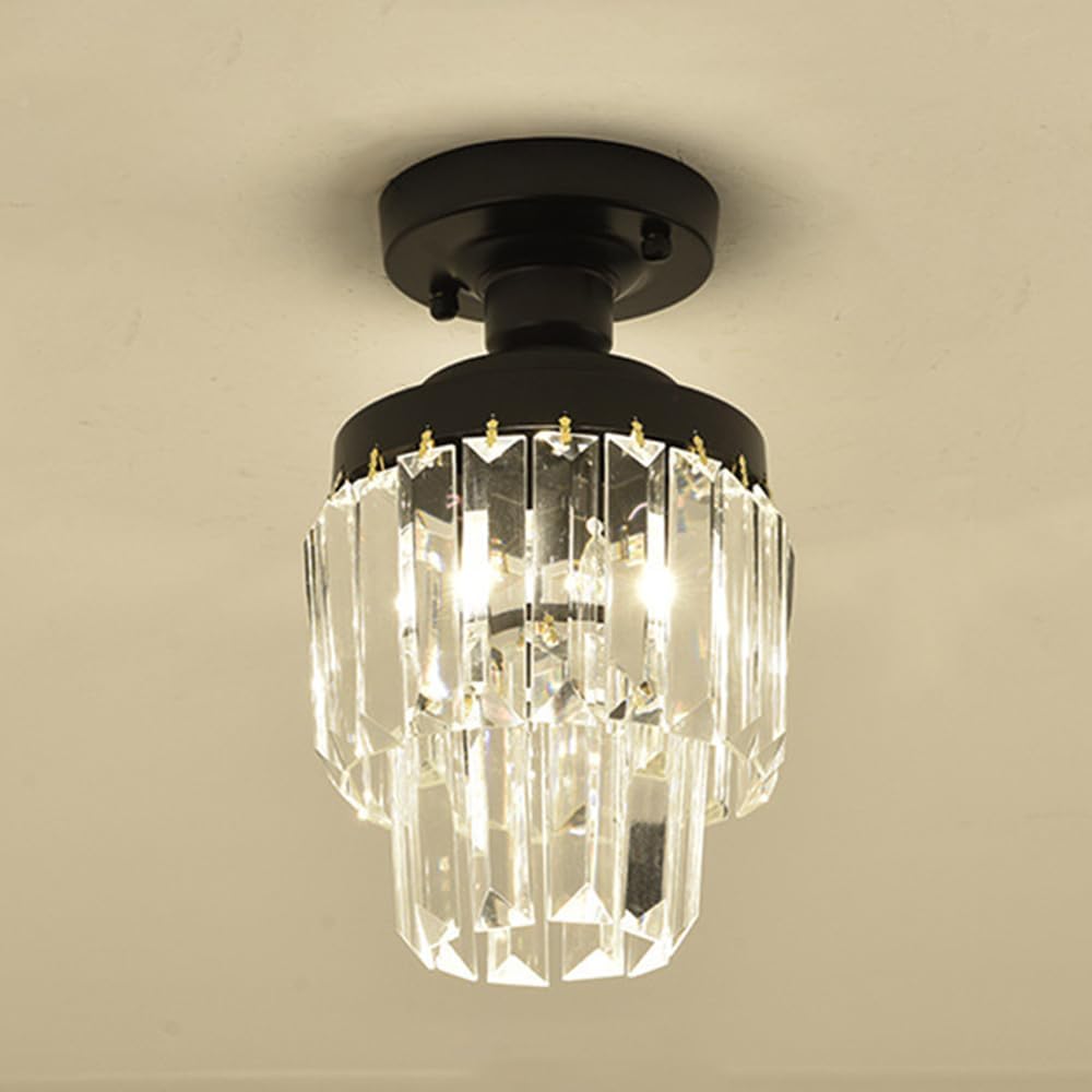 Small Crystal Chandelier Modern Black Ceiling Light Elegant Semi Flush Mount Ceiling Lamp 2 Tier Crystal Pendant Lighting Fixture Decoration for Bedroom Hallway Entryway
