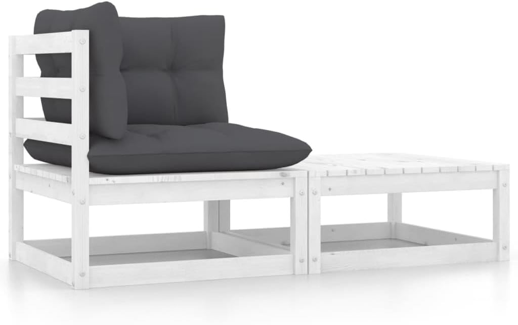 2 Piece Patio Lounge Set with Cushions White Solid Wood Pine,Pinewood Patio Lounge Set: Versatile Outdoor Conversation Set with Anthracite Cushions Outdoor Furniture Sets, Sectional Sofa Units