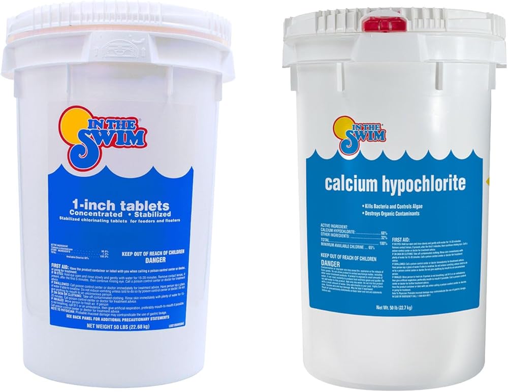 In The Swim Chlorine and Shock Bundle for Sanitizing Swimming Pools – Includes 50 Pound Bucket of 1 Inch Chlorine Tablets and 50 Bucket of 68% Cal-Hypo Pool Shock