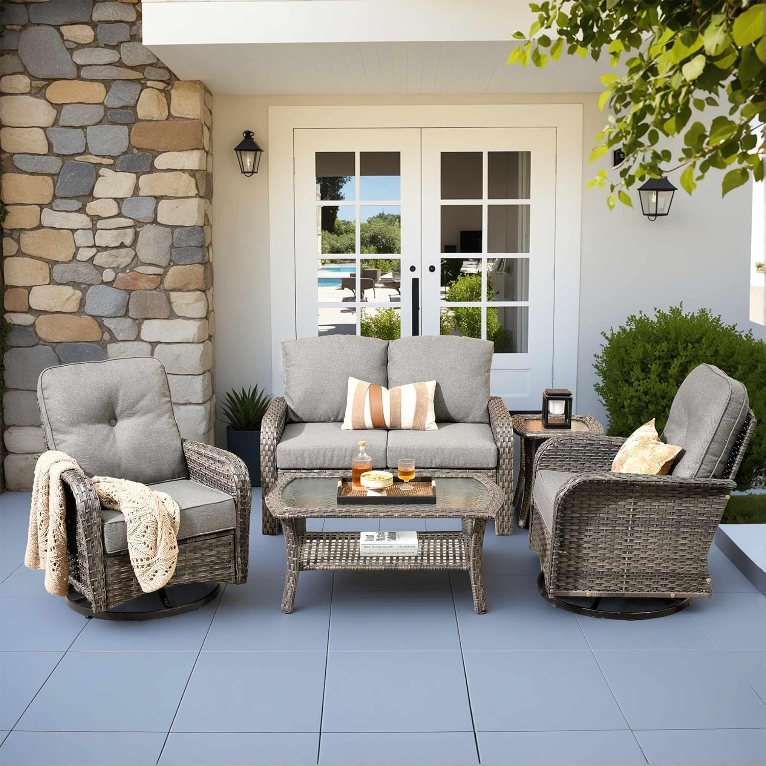 5 Pieces Patio Furniture Set,Outdoor Furniture with Rockers, Rattan Conversation Sets w/Coffee Table, Grey Wicker Light Dark Gray Cushion