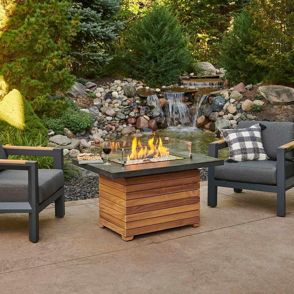 Outdoor GreatRoom Co Propane Fire Pit Table - Darien Gas Fire Pits for Outside Patio - 44 Inch Rectangular Everblend Concrete Firepit Fire Table, Wood Base, Glass Tabletop Cover, 55,000 BTU - Grey