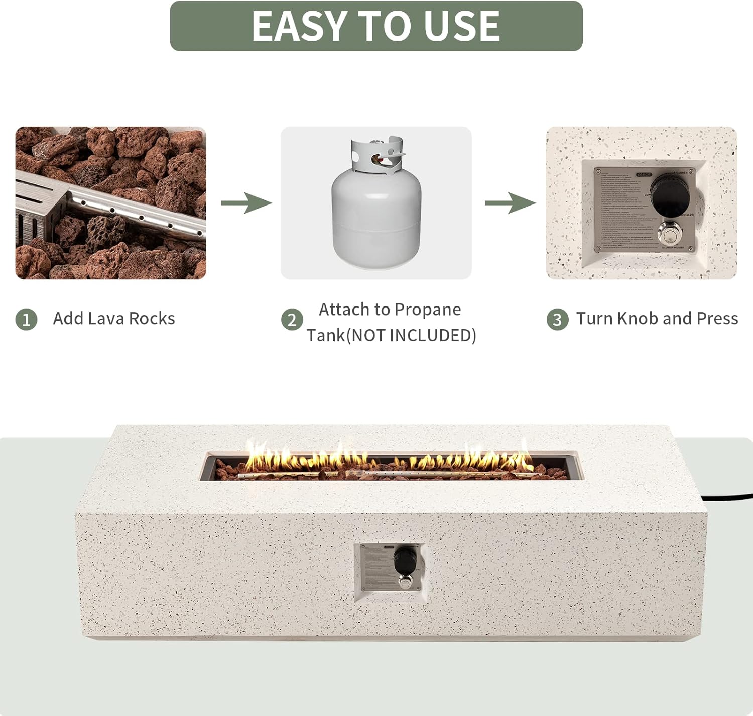 COSIEST 56-inch x 28-inch Outdoor Propane Fire Pit Coffee Table w Concrete Rectangle Base, 50,000 BTU, Free Lava Rocks and RainCover, Fits 20lb Tank Outside