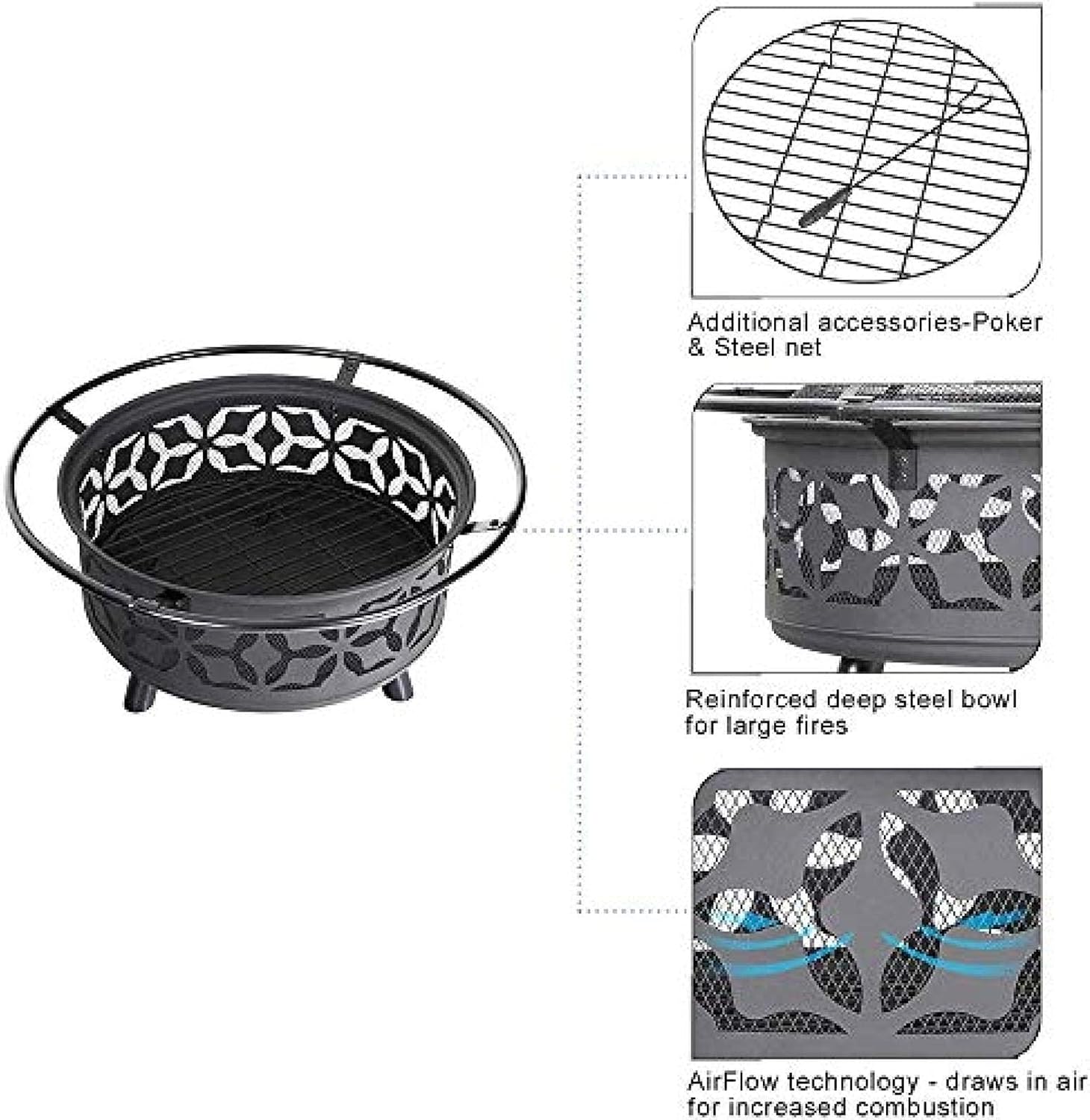 Fire Pit BBQ Grill Fire Bowl Wood Burning Patio Pit and Outdoor Backyard Pit with Spark Screen and Round Fireplace Cover Large 29 Inch