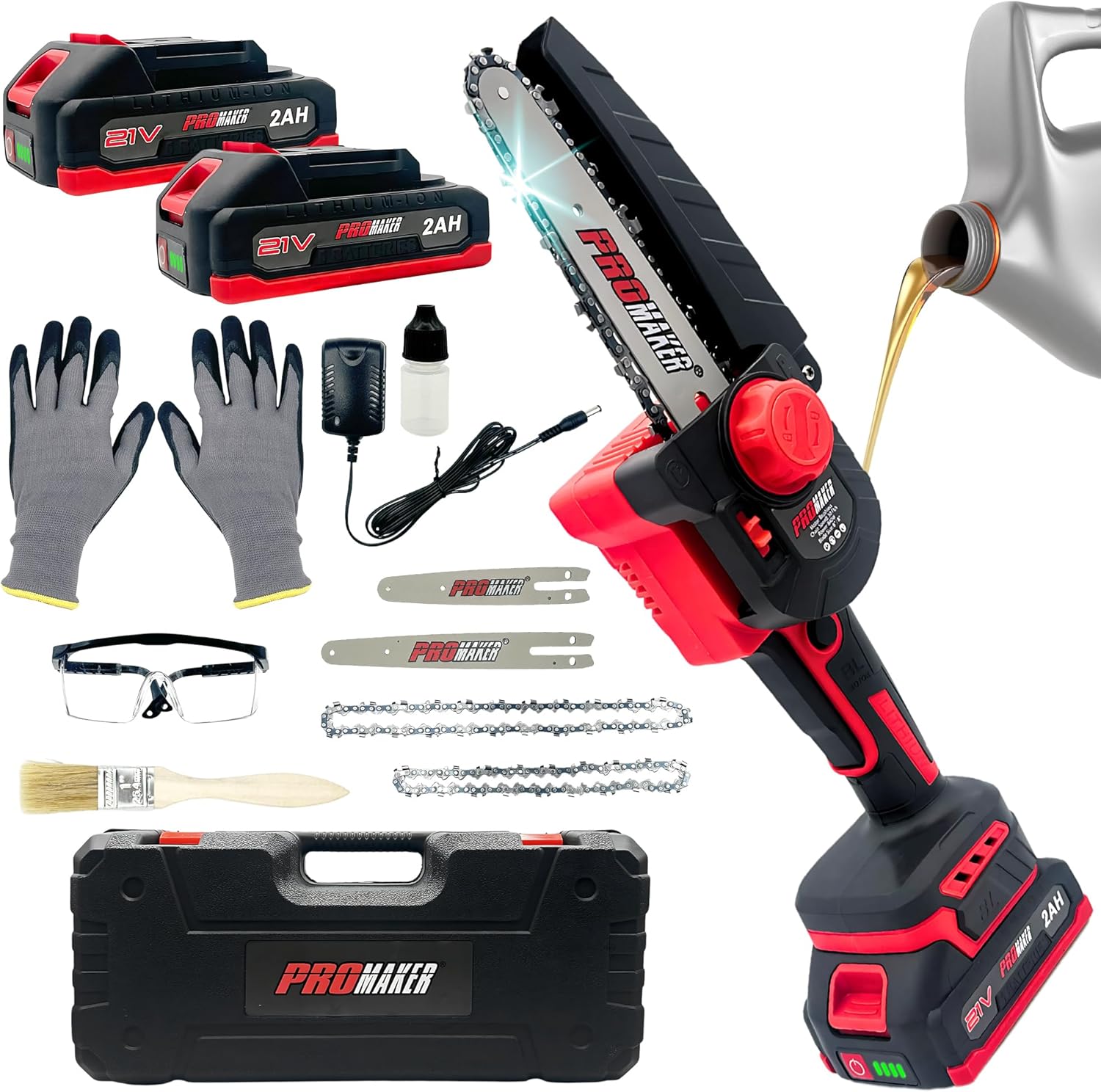 PROMAKER Brushless Mini Chainsaw 8-Inch & 6-Inch, 7 AMP, 30 ft/s Chain Speed, Cordless Electric Saw, 21V Battery Powered, 2 Batteries, Auto Oiler, Safety Goggles & Gloves, Electric chainsaw