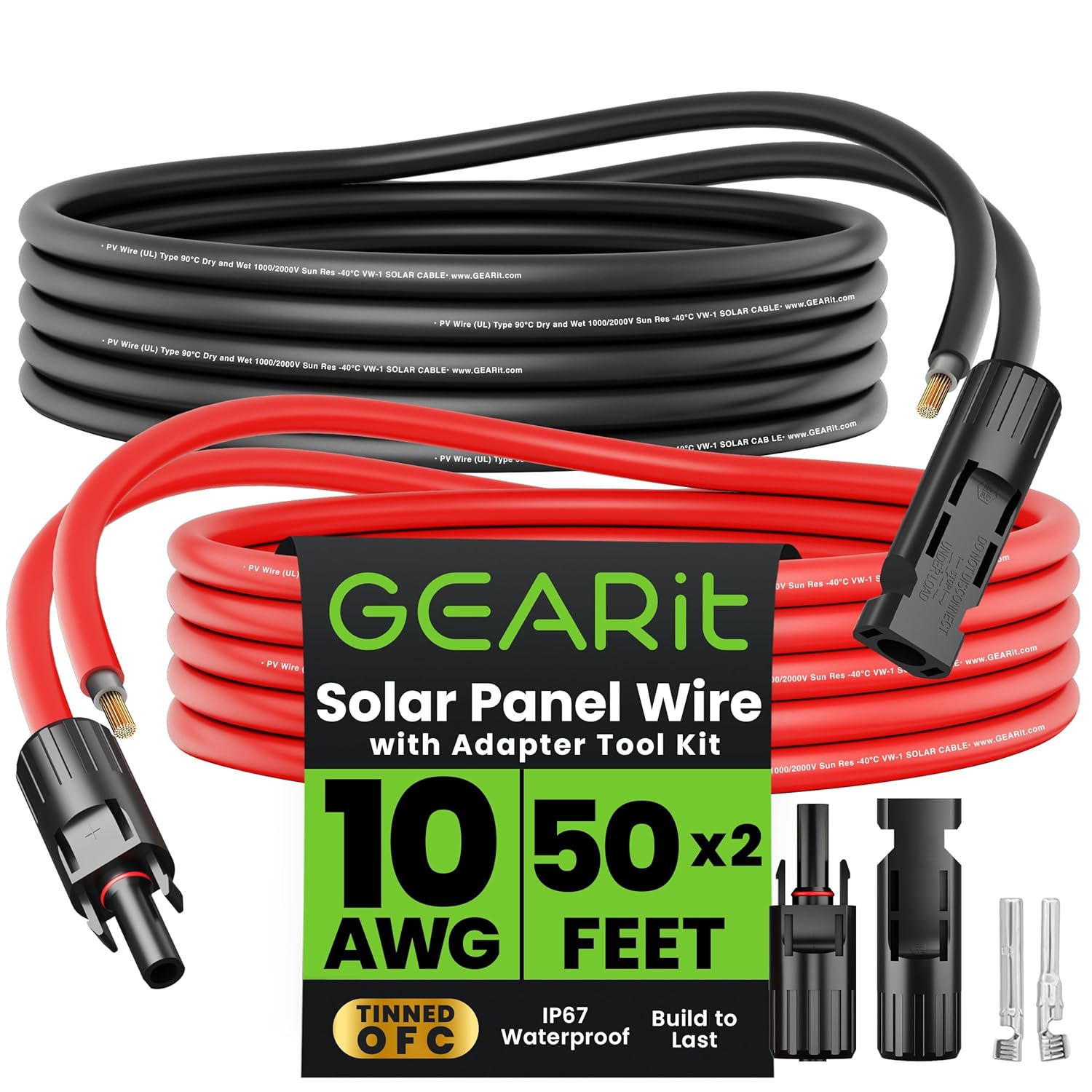GearIT 10AWG Solar Extension Cable (50FT Black - 50Ft Red) Male to Female Solar Connectors with Adapter Tool Kit, Solar Panel Renewable Energy, 10 Gauge Pure Copper Extension Cord, 50 Feet