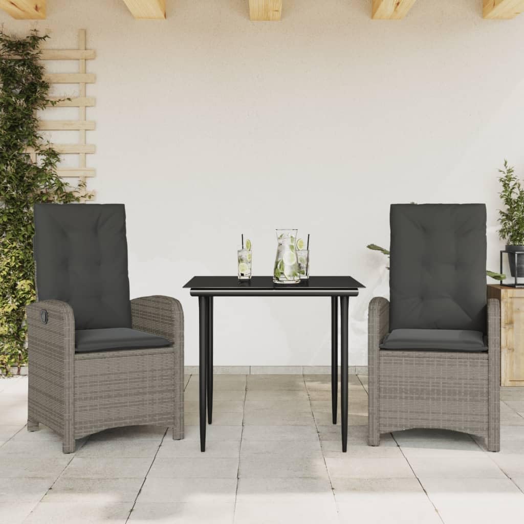 3 Piece Patio Dining Set with Cushions Gray Poly Rattan,Outdoor Rattan Dining Set with Adjustable Backrest for Comfort and Convenience Furniture Sets for Patio, Lawn & Garden