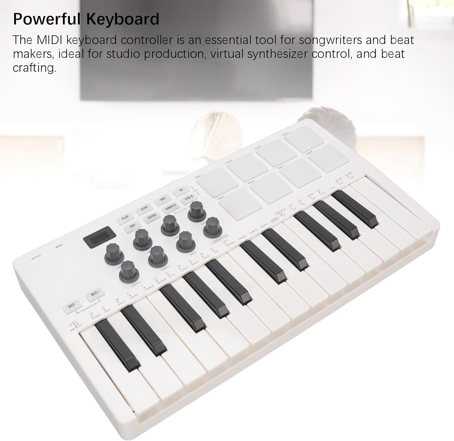 25 Key MIDI Keyboard Controller, Portable Bluetooth MIDI Keyboard Controller with 8 Backlit Drum Pads with 8 Assignable 360 Degree Knobs and Music Production