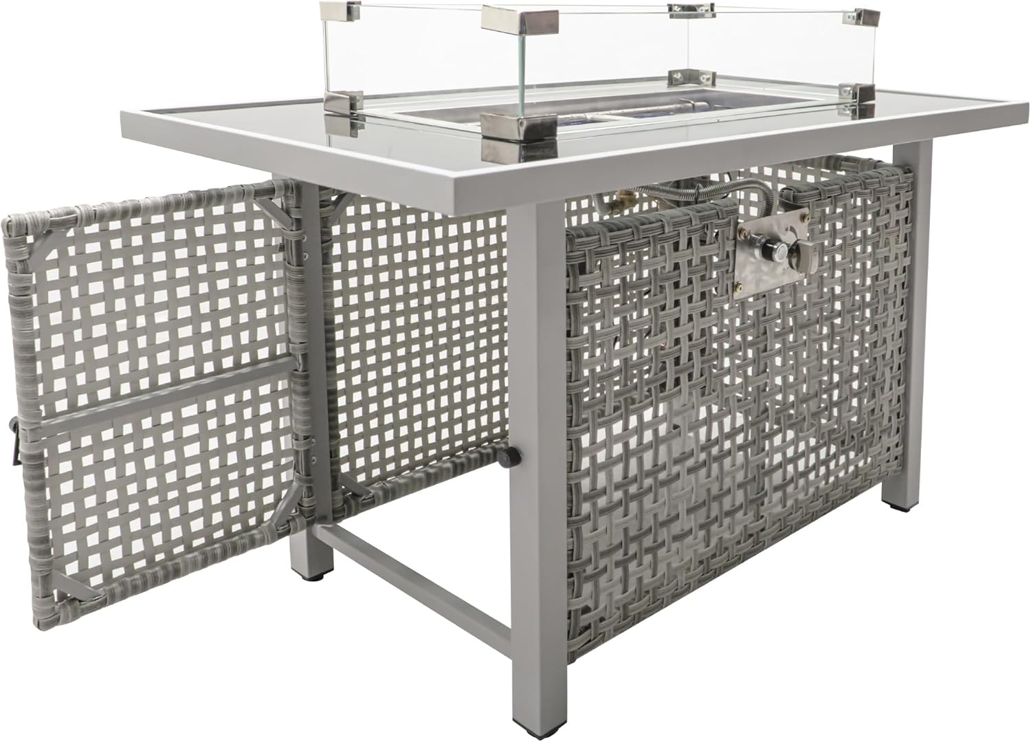 43 Inch Propane Fire Pit Table with Glass Wind Guard, 60,000 BTU Outdoor Rectangular Wicker Fire Pit for Patio, Grey Weave Design Fire Pit Table for Backyard Garden Deck, Not Included Propane & Cover