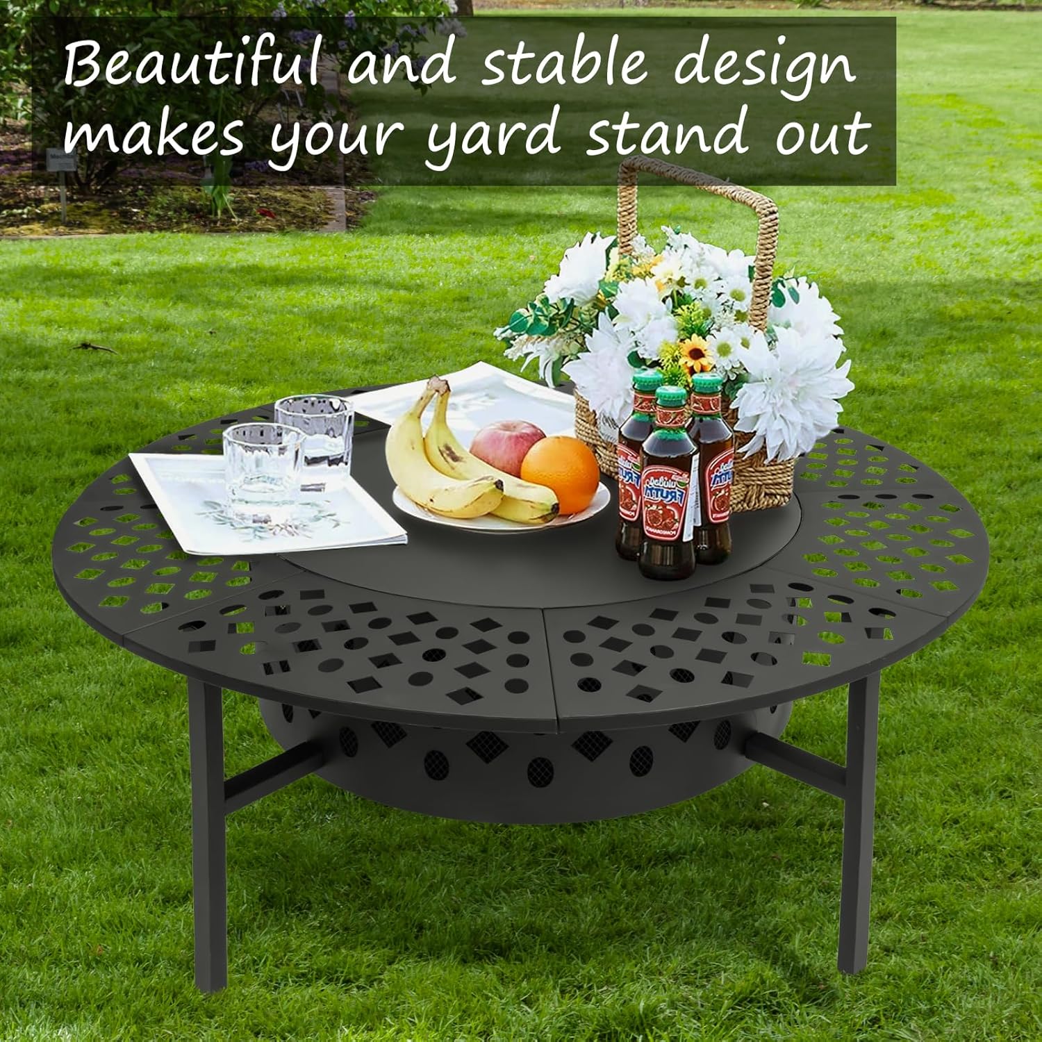 SZHLUX 42 Inch Fire Pit with 2 Grills, Wood Burning Fire Pits for Outside with Lid, Poker and Round Waterproof Cover, BBQ& Outdoor Firepit & Round Metal Table 3 in 1 for Patio, Picnic, Party
