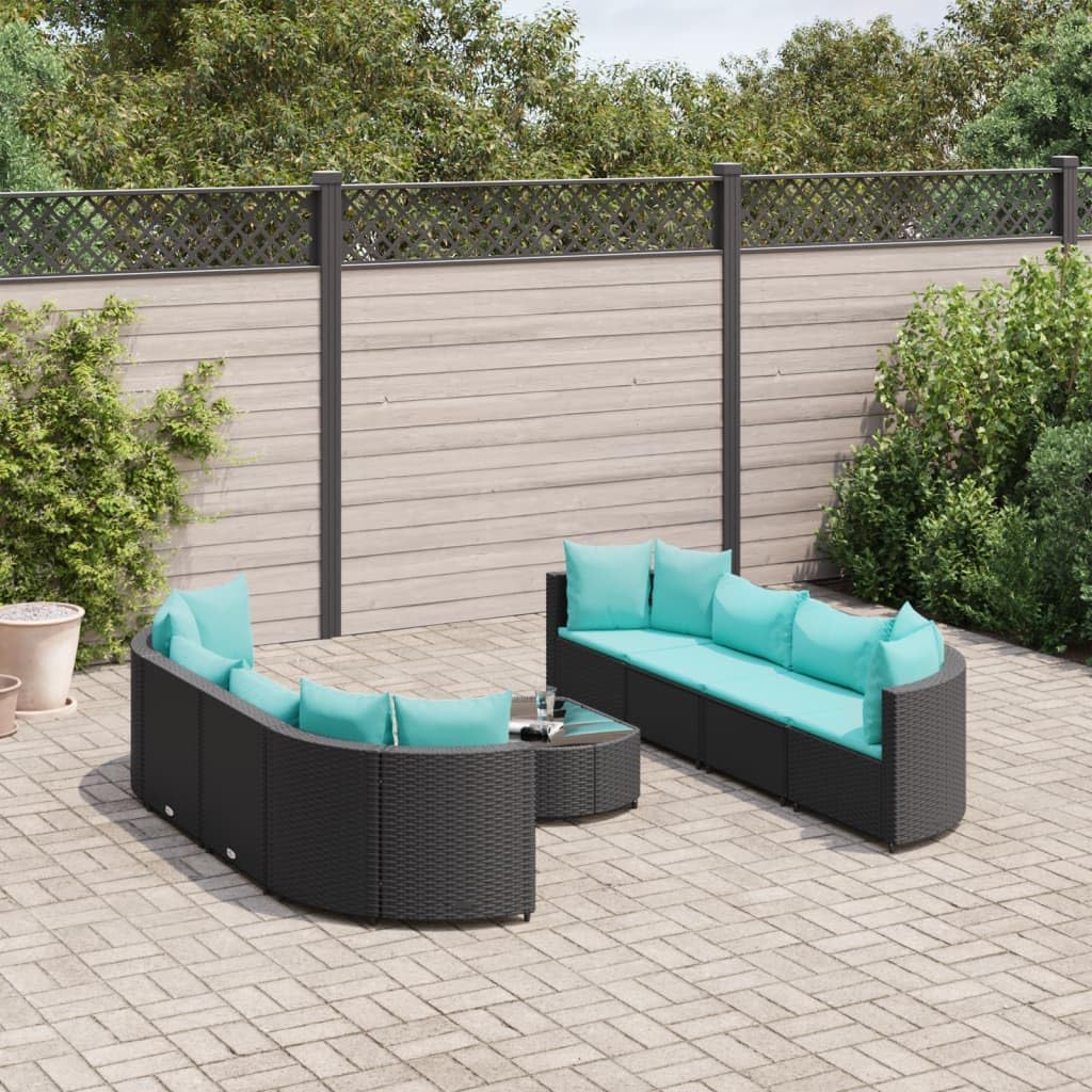 9 Piece Patio Sofa Set with Cushions Black Poly Rattan,Outdoor Patio Sofa Set with Cushions Durable PE Rattan, Modular Design Furniture Sets for Patio, Lawn & Garden