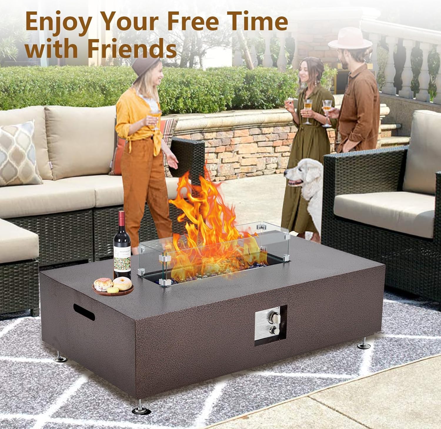 48 Inch Outdoor Propane Fire Pit Table with Piezo Ignition Dual Function Design Bronze Gold Finish for Patio Deck Garden Seating 6-8