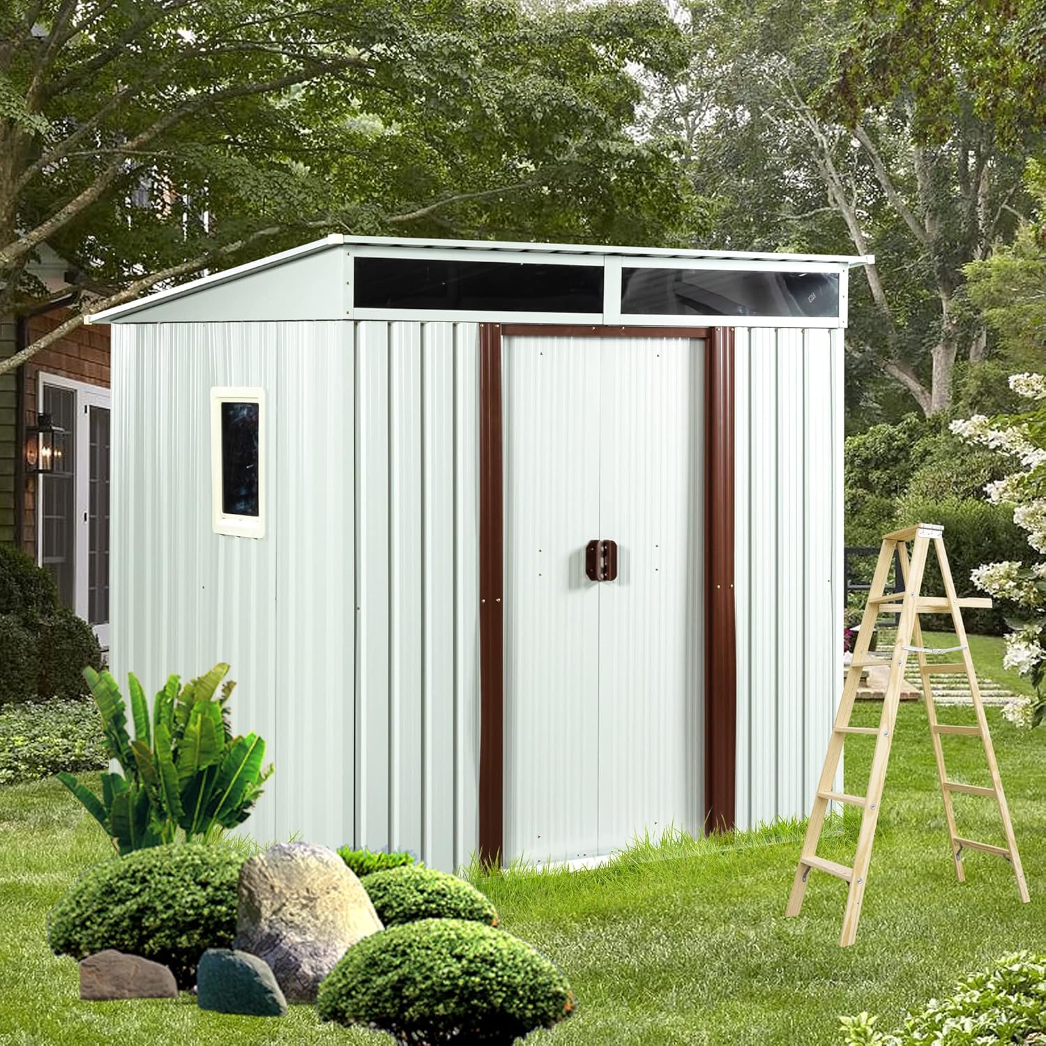 6x5 ft Outdoor Metal Storage Shed with Floor Floor and Window, Lockable Galvanized Steel Tool Shed with Sliding Door, Air Vent and Transparent Plate, Waterproof Garden Storage House for Backyard