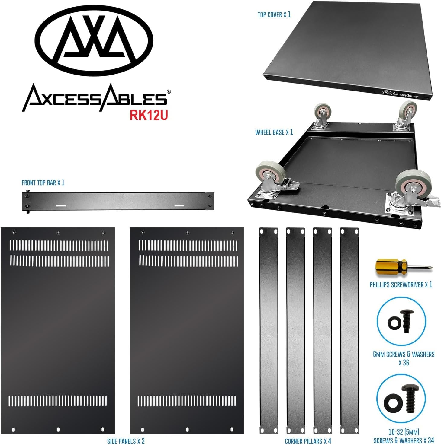 AxcessAbles 12U AV Equipment Rack | 19-Inch Steel Open Frame Home Studio Rack with 3” Caster Wheels | Universal Rack for Studio, Server, Network Gear | 550lb Capacity | Screws, Spacer, Tool Included