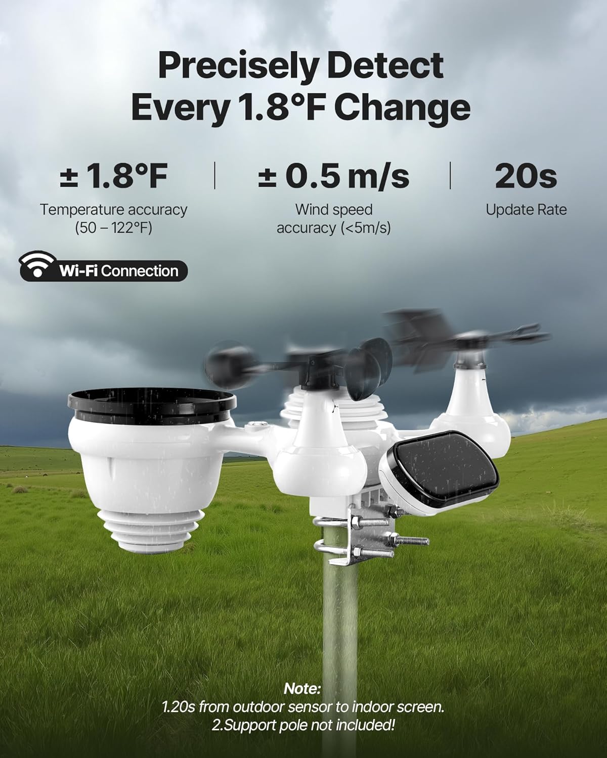 VEVOR 7-in-1 Wi-Fi Weather Station, 7.5-Inch VA Display, Solar Powered Wireless Outdoor Sensor, Home Weather Station Indoor Outdoor, for Temperature, Humidity, Wind Speed/Direction, Rainfall, No APP