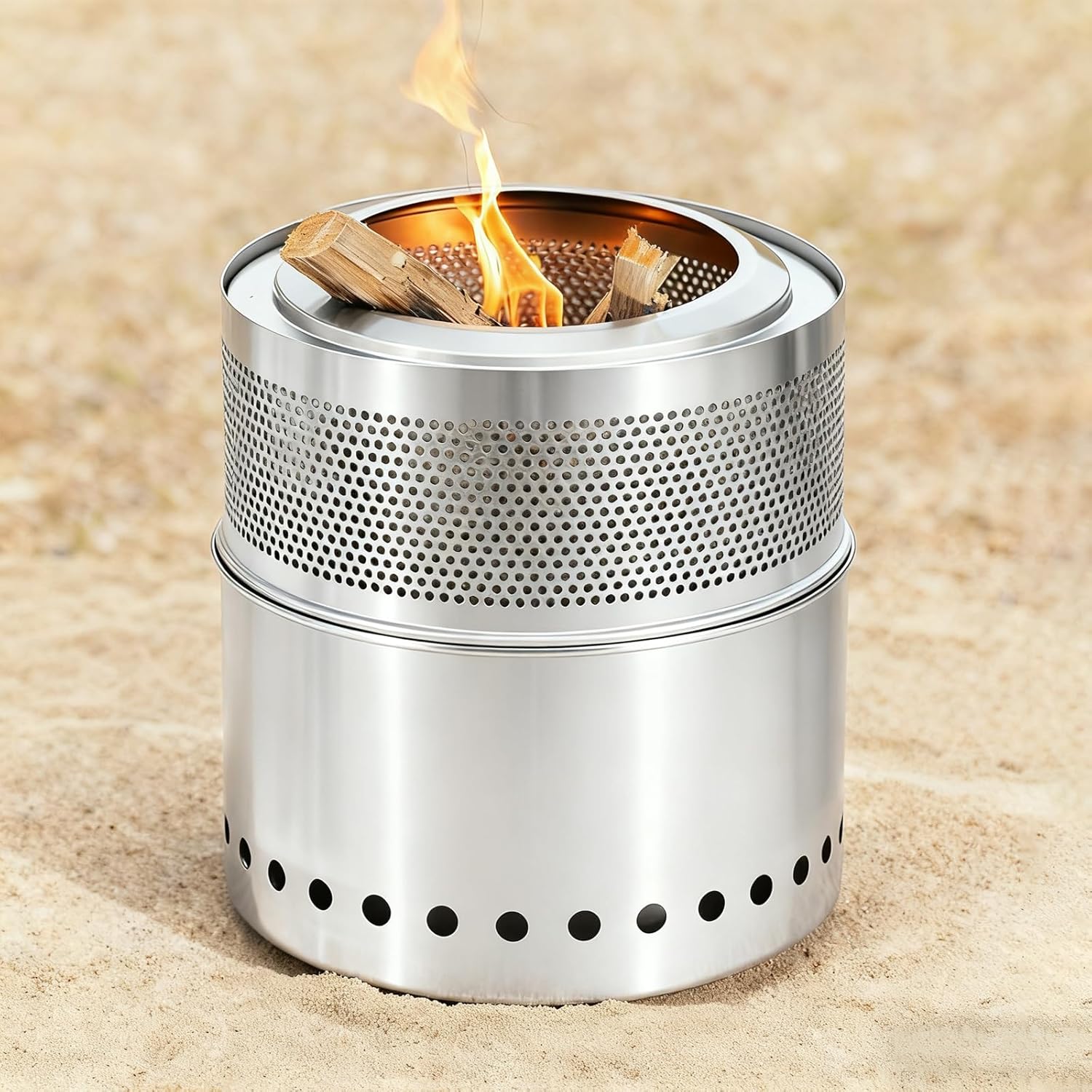 Outdoor Fire Pit with Carry Bag, Stainless Steel Table Top Firepit, Smokeless Firepit, Portable Solo Fire Pit, Hollow-Carved Design, for Camping Backyard Patio Garden Picnic Bonfire