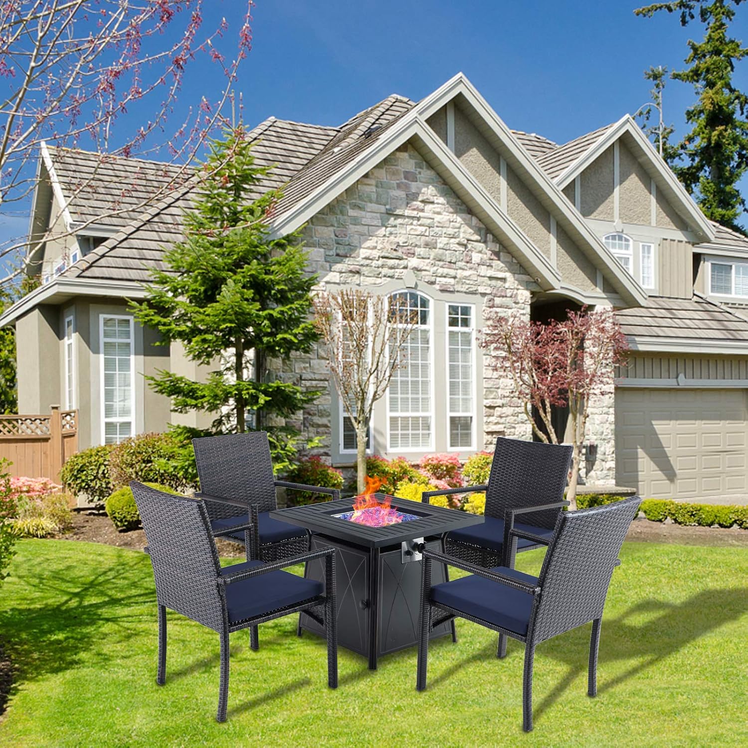 MFSTUDIO 28 Inch Propane Gas Fire Pit Table & 4 Wicker Chairs Furniture Set with Blue Fire Glass, Multi-Function Outdoor Fire Table Set, 50,000 BTU, CSA Certification