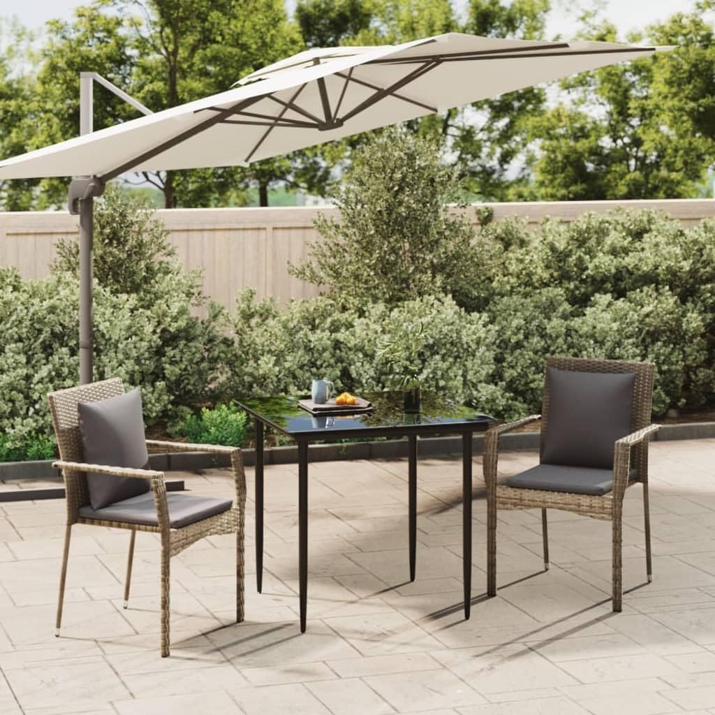 3 Piece Patio Dining Set with Cushions Black and Gray Poly Rattan Garden Furniture