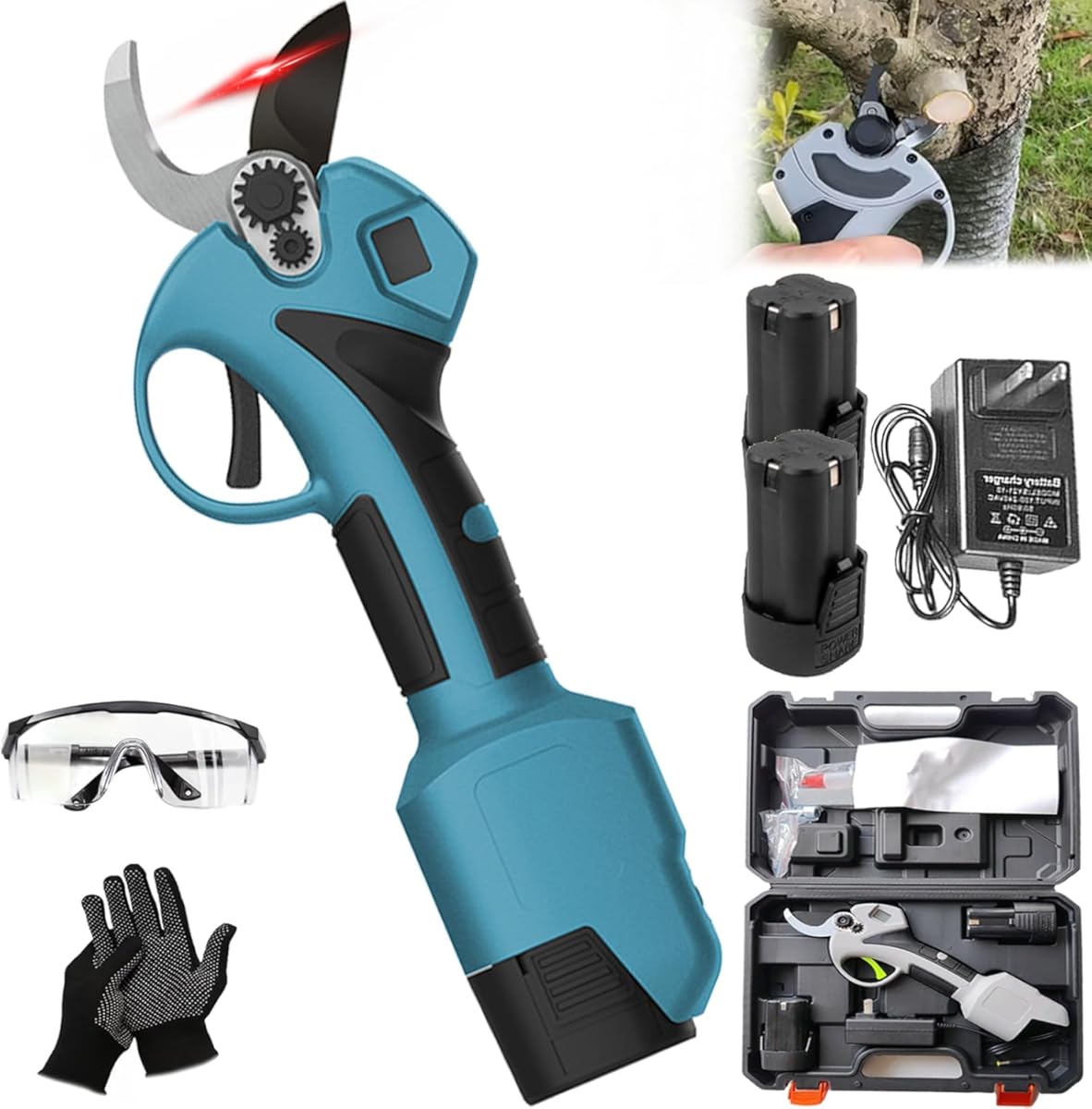 Garden Electric Pruning Shears With Battery and Charger, Brushless Pruning Shears for Gardening with 1.2inch Max Cutting Diameter, Two 21v Battery Upgrade (Blue-2 Batteries)