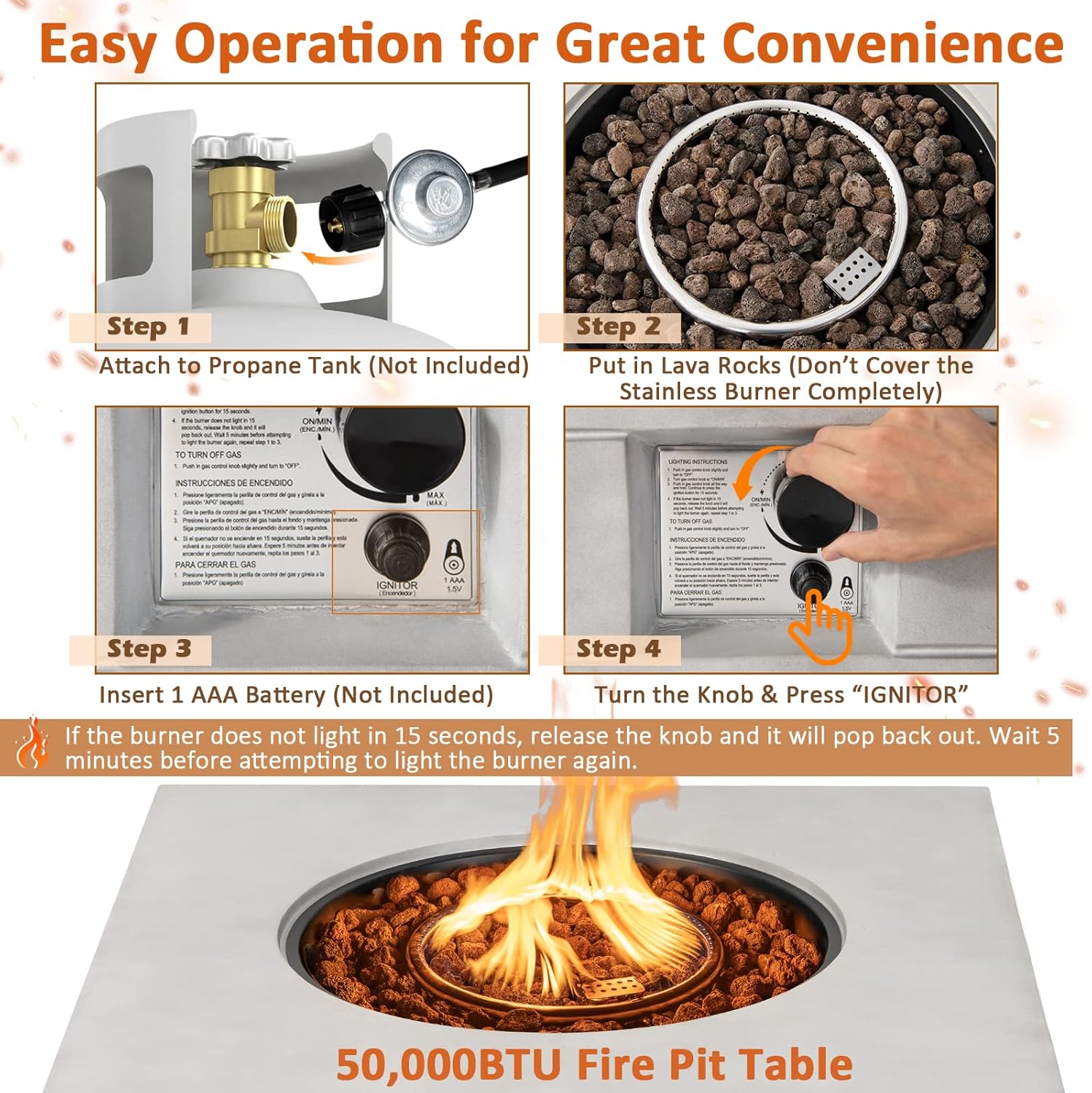 Tangkula 35 Inch Concrete Propane Gas Fire Pit Table, Patiojoy Square Outdoor Propane Fire Table with Protective Cover Lava Rocks & Metal Lid, 50,000BTU Outdoor Concrete Fire Table for Patio, Garden