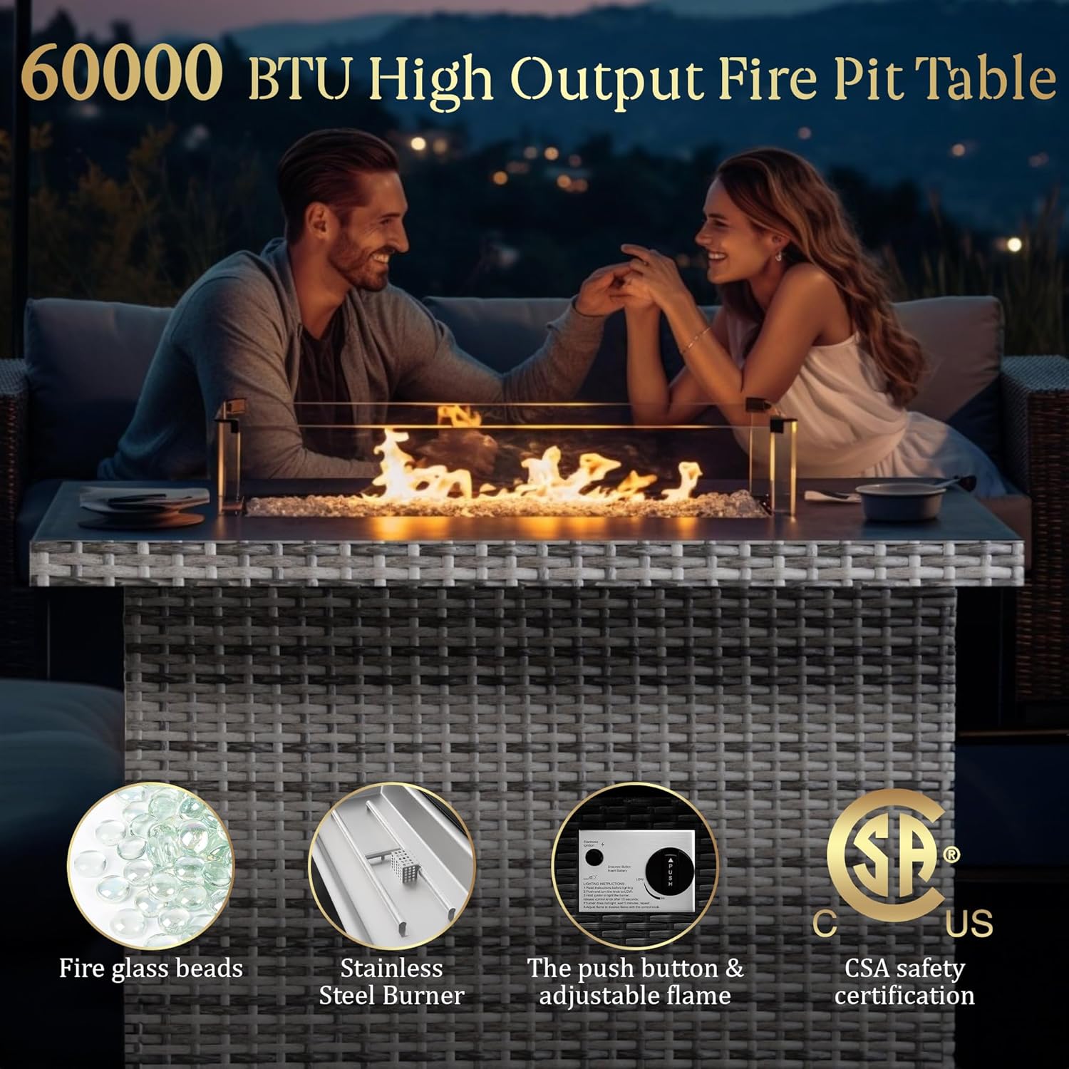 Yoyomax 44-Inch Firepit Table with Hand-Weave Rattan, Aluminum Frame, Wind Guard, Waterproof Cover, and Fire Beads - Perfect for Outdoor Patios, Gardens, and Hotels with 60,000 BTU Flame
