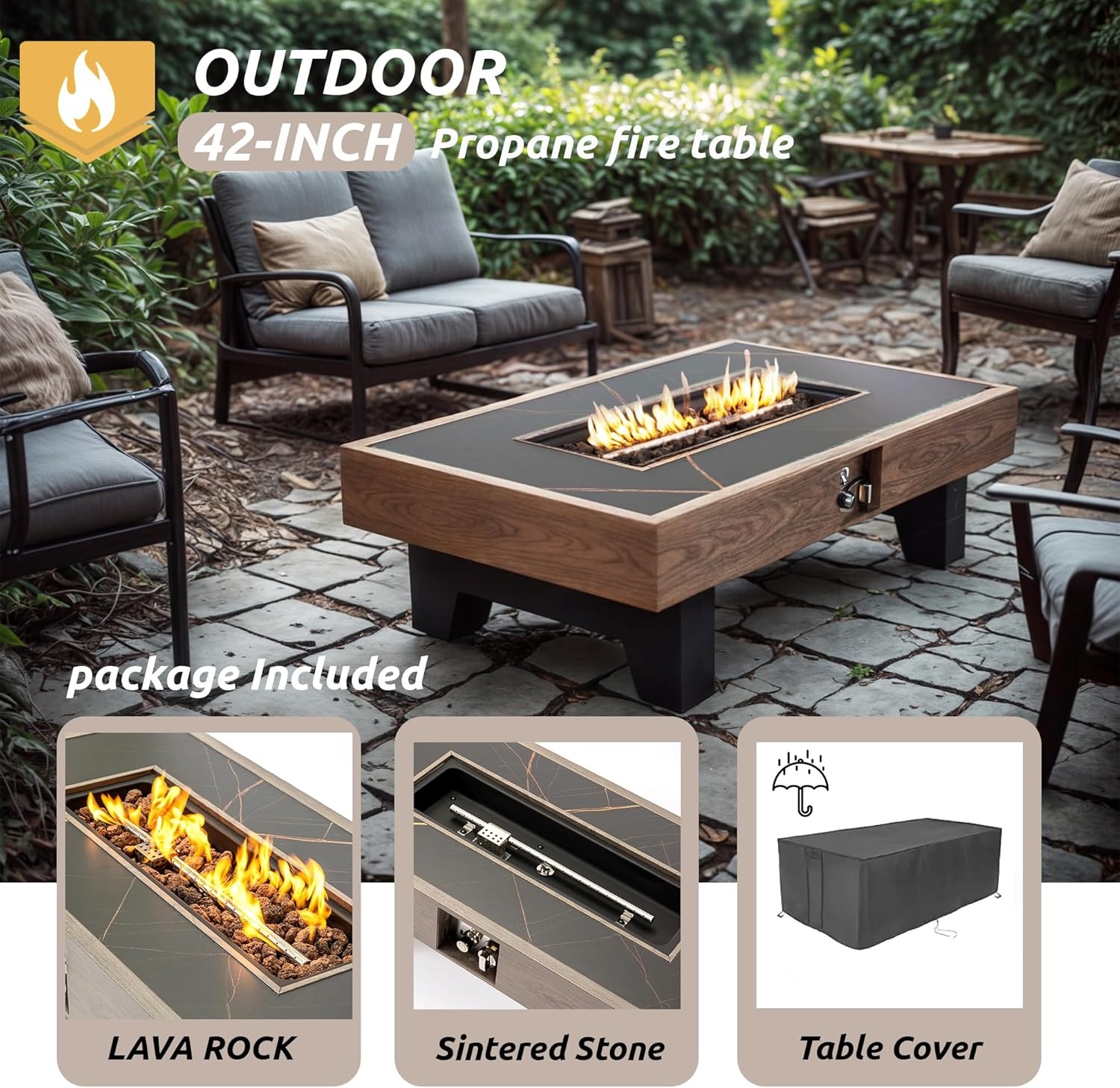 Propane Fire Pit,Outdoor Gas Fire Pit Table with Rain Cover,Rectangular Heater for Patio, Backyard, Deck,50,000BTU Outdoor Modern Patio Fire Pit (Wood)