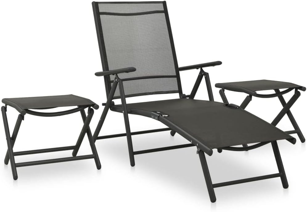 3 Piece Patio Lounge Set Textilene and Aluminum Black,Outdoor Patio Lounge Set with Adjustable Backrest and Footrests/Tables for Home and Garden Patio Furniture Sets, Outdoor Furniture Sets