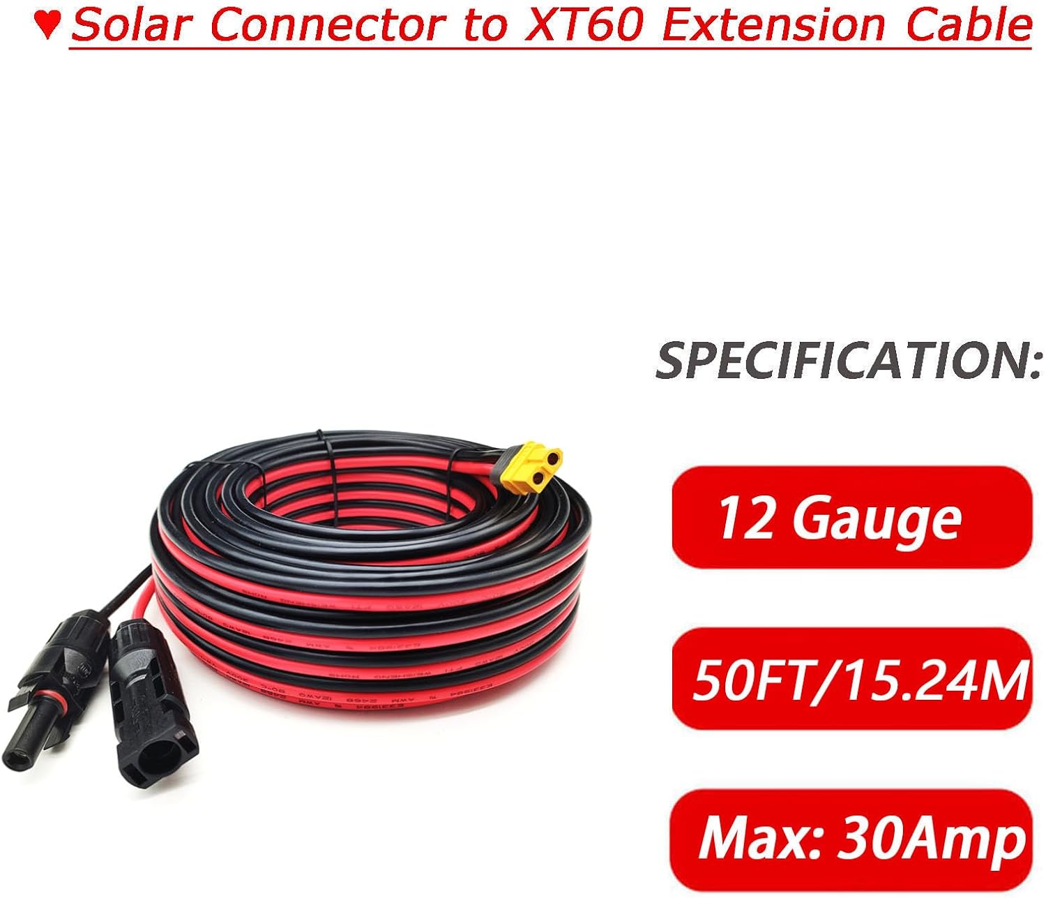 Solar XT60 Adapter Charge Cable 50FT, Solar to XT60 Extension Cord 12AWG for LifePo4 Batteries, Power Stations, Generators