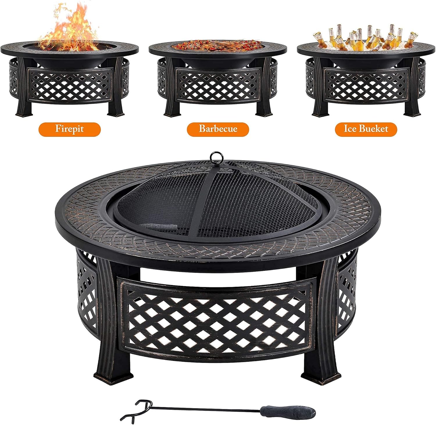 Garden Fire Pit Outdoor Fire Pit, Metal Fire Bowl with Charcoal Fork/Charcoal Grid/Mesh Cover, Grill Camping Bonfire Grill Barbecue Rack