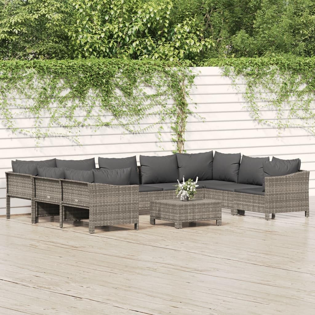 Patio Set 10 Piece Patio Lounge Set with Cushions Gray Poly Rattan