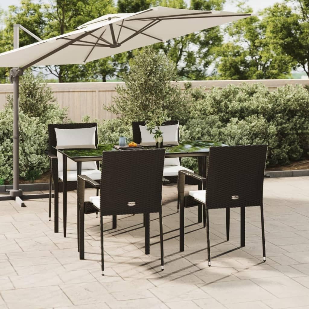 5 Piece Patio Dining Set with Cushions Black Poly Rattan Garden Furniture