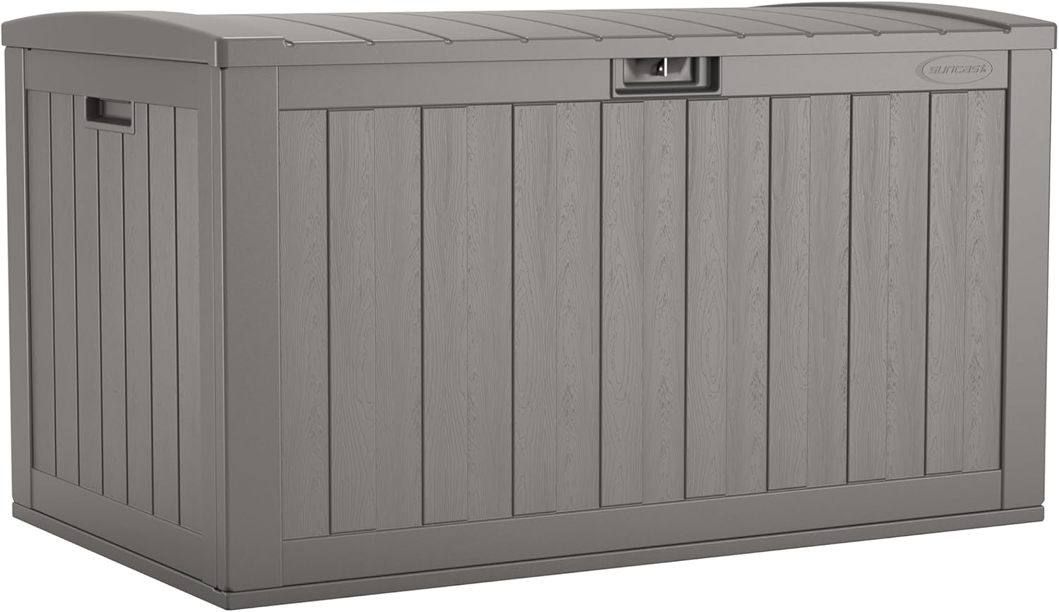 Suncast 134-Gal. Waterproof Resin Extra-Large Outdoor Patio Deck Box with Pad-Lockable Lid, Modern Outdoor Patio Bench/Storage Box for Cushions, Garden Tools, and More, Dove Gray