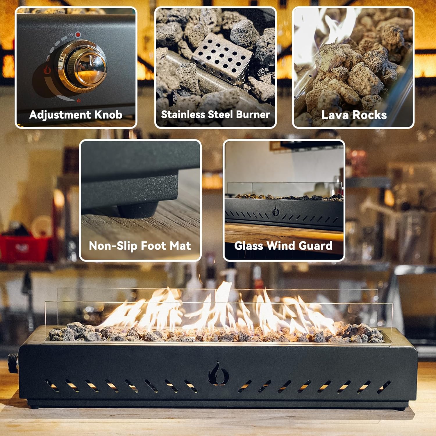 ONLYFIRE OUTDOOR LIVING Propane Gas Fire Pit Side-Mounted with Glass Wind Guard & Lava Rocks, Portable Smokeless Gas Firepit for Patio Backyard Bonfire Tailgating RV Trip, 28