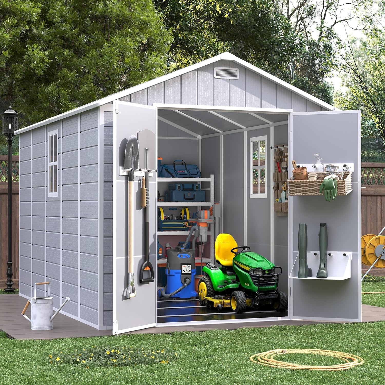 8x10.5 FT Outdoor Plastic Storage Shed with Floor, Waterproof Resin Shed with Lockable Door & Window for Bike, Garbage Can, Lawn Mower, Grey White