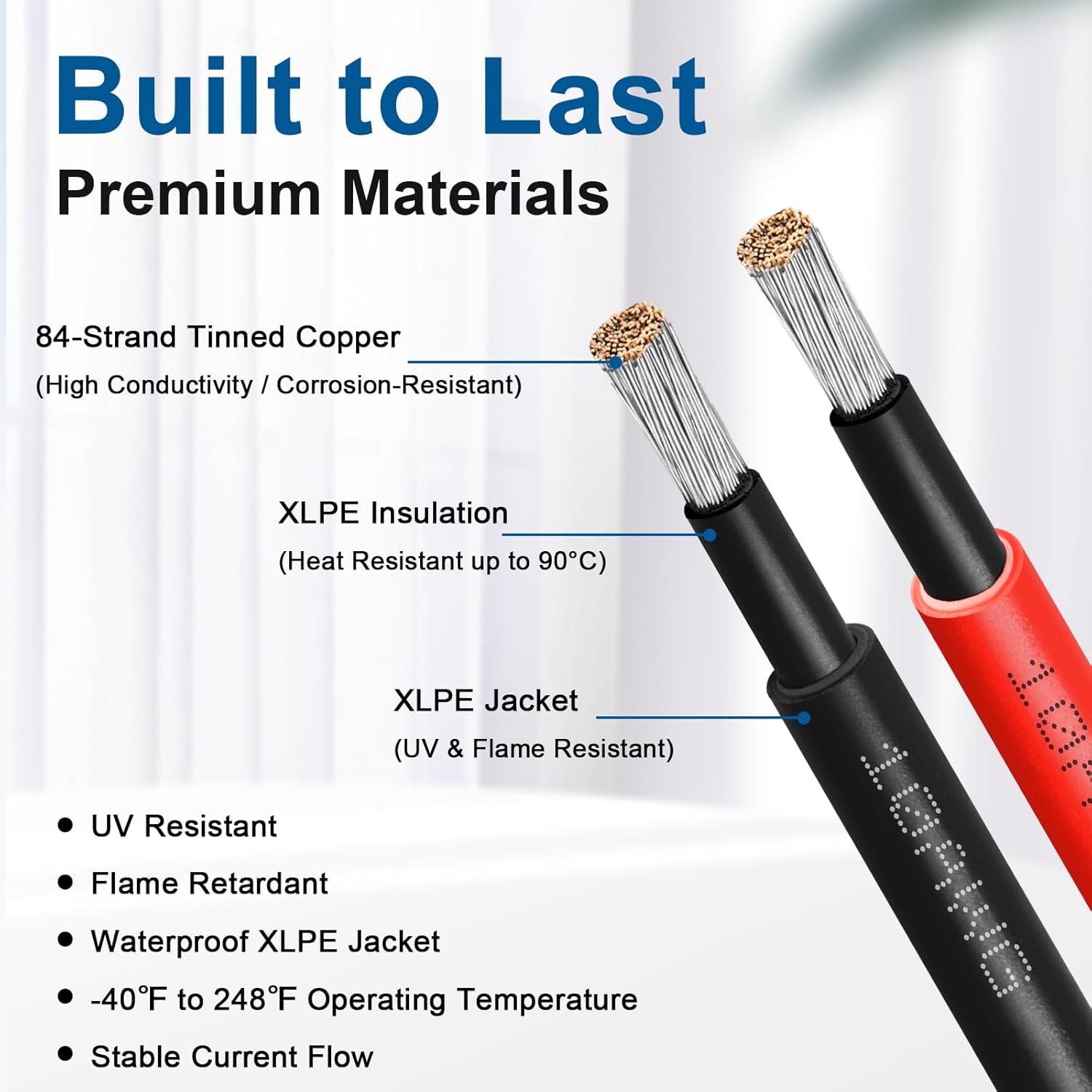 10AWG Solar Extension Cable 50FT – 2 Pack Red & Black PV Wire with Solar Connectors, 84-Strand Tinned Copper, Dual XLPE Insulated, Outdoor UV-Resistant Cable for RV, Inverter, Battery