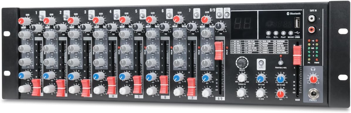 Pure Resonance Audio MX9 9 Channel Rack Mount Mixer with Bluetooth and Effects