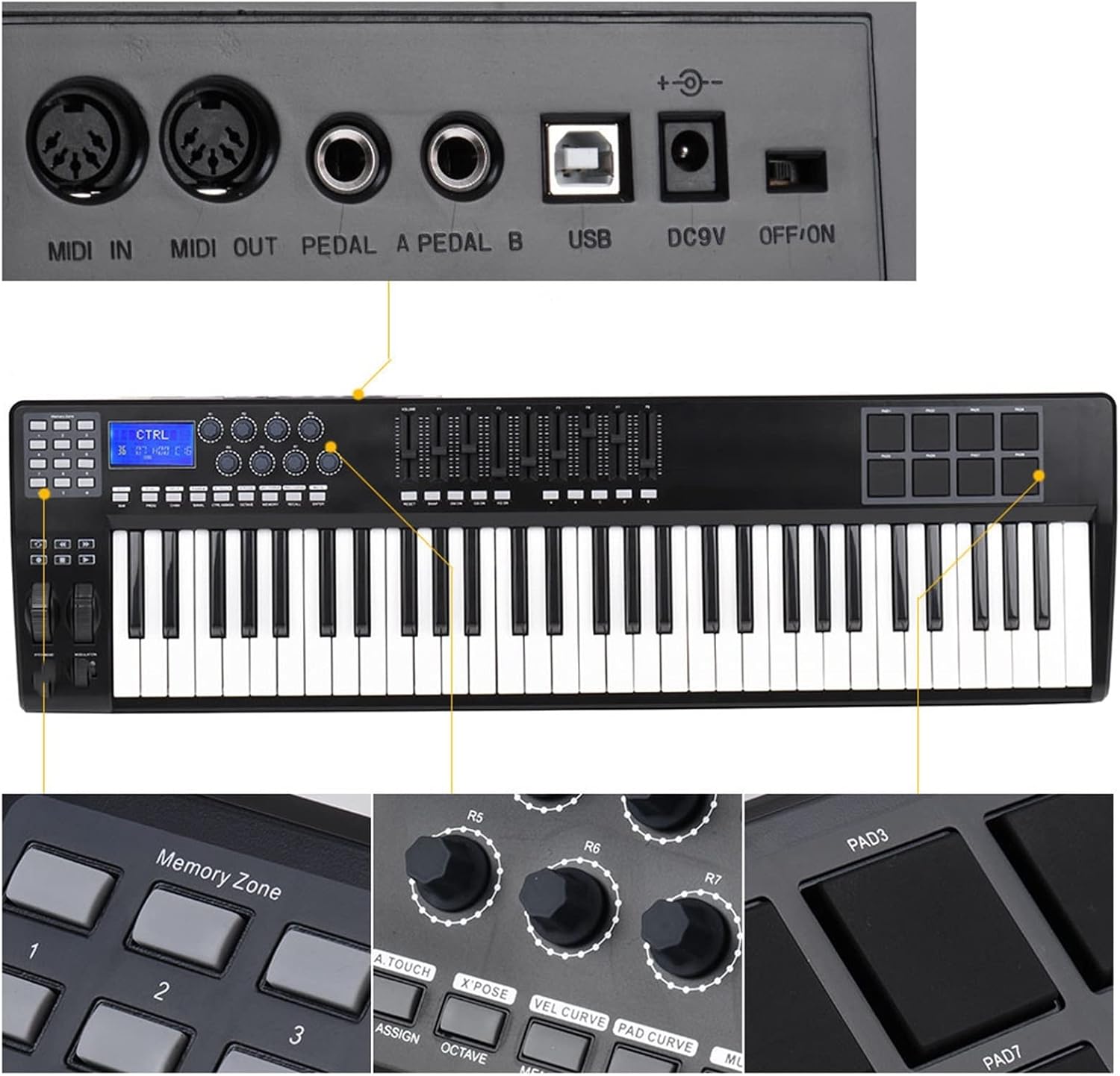 Keyboard Piano 61 Portable 61-Key USB MIDI Keyboard Controller 8 RGB Colorful Backlit Trigger Pad