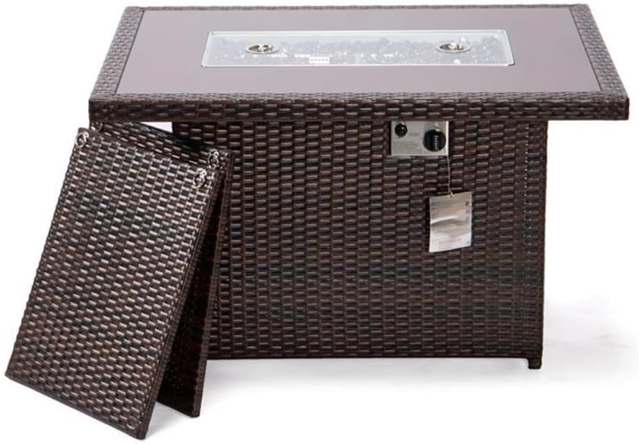 LeisureMod 44-Inch Propane Fire Pit Table, 50,000 BTU Auto-Ignition Gas Fire Pit with Lid, Tempered Glass Wind Guard & Decorative Stones, Dark Brown