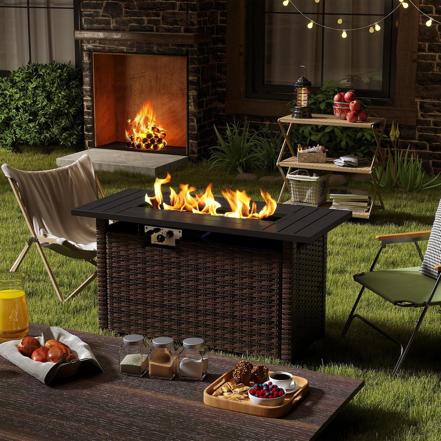 44IN Brown Wicker Gas Fire Pit Table with Side Door, Propane Powered, 50000 Btu Heat Output