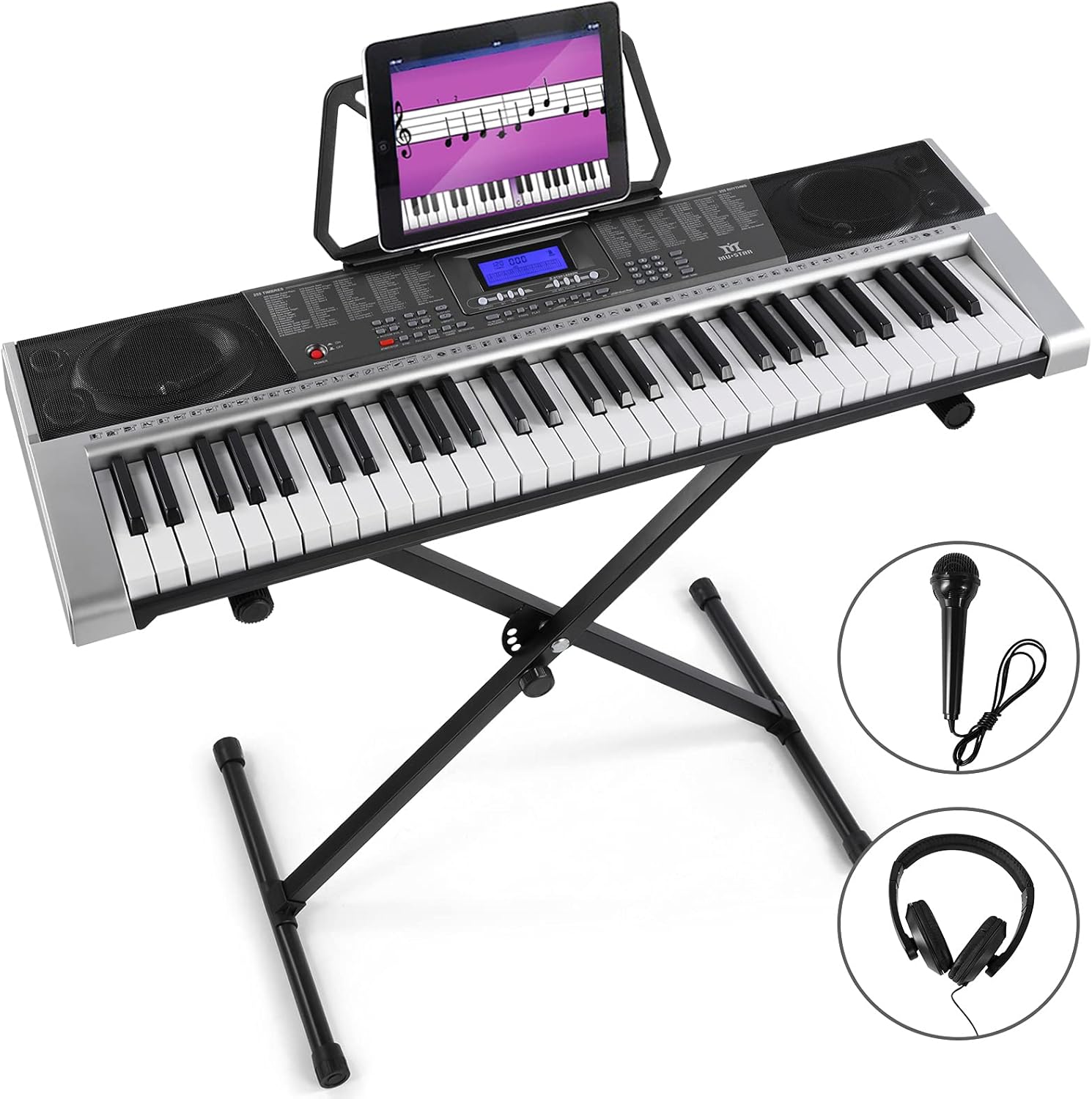 MUSTAR 61 Key Piano Keyboard, MEK-300 Electric Keyboard Piano with Stand, Full Size Keyboards Piano 61 Key for Beginners, LCD Screen, Headphones, Microphone, Power Adapter, Birthday Gifts
